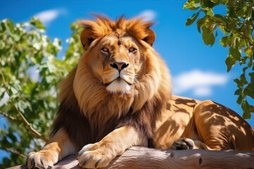Obraz premium Big lion lying on the ground in the zoo