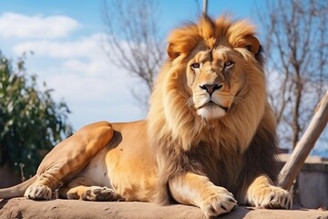 Obraz premium Big lion lying on the ground in the zoo