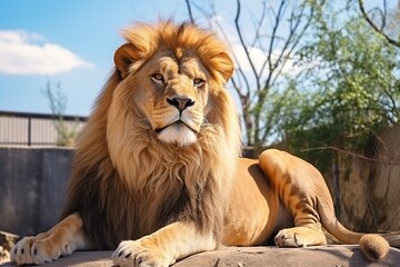 Big lion lying on the ground in the zoo