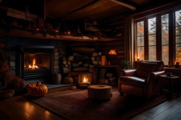 a cozy reading space in a cabin during autumn