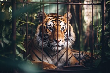 Tiger in animal cage in the zoo