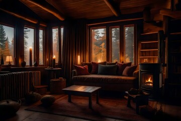 Fototapeta na wymiar a cozy reading space in a cabin during autumn