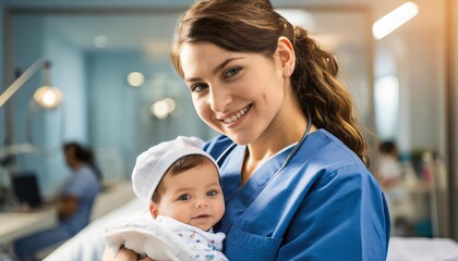 Nurse cradling a infant, newborn baby, displaying genuine emotions of nurture and care. Tender healthcare moment captured in a modern hospital setting