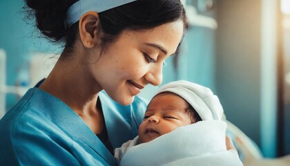 Nurse cradling a infant, newborn baby, displaying genuine emotions of nurture and care. Tender healthcare moment captured in a modern hospital setting - obrazy, fototapety, plakaty
