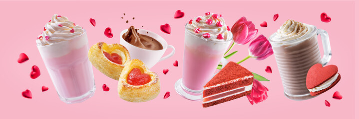 Pink holidays background with hot chocolate or coffee and sweets, like cake; whoopies and hearts for Valentine's day - obrazy, fototapety, plakaty
