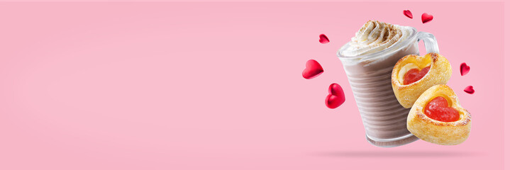 Pink holidays background with hot chocolate or coffee and sweets, like cake; whoopies and hearts for Valentine's day