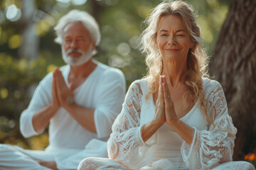A mature couple practicing yoga outdoors, promoting relaxation, wellbeing, and togetherness in a serene natural environment.