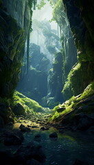 green cave covered with jungle