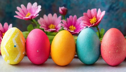 Fototapeta na wymiar Row of colorfully painted Easter eggs 