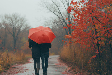Couple Sharing a Red Umbrella on a Rainy Autumn Walk Surrounded by Fiery Foliage