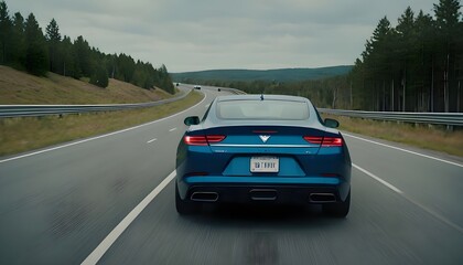 Fototapeta na wymiar a dynamic rear view of a sleek blue business car navigating a sharp turn on a high-speed highway