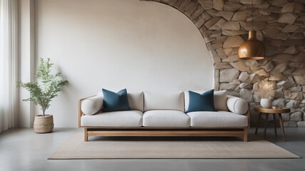 Rustic wooden sofa against of white wall with stone or stucco decorative round shape. Interior design of modern living room