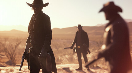 outlaws in a 70s old west movie scene with intense actors