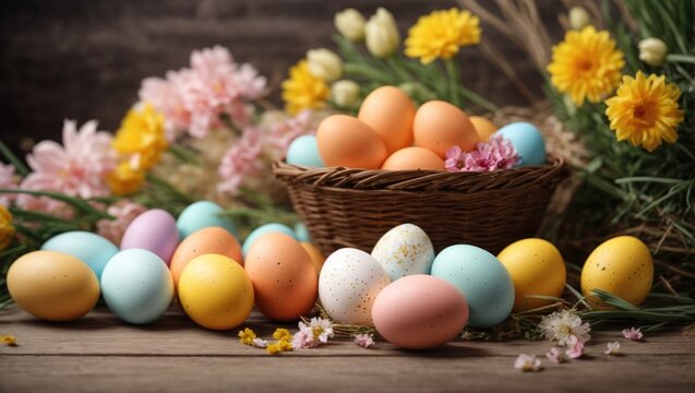 Colorful easter eggs in basket with flowers