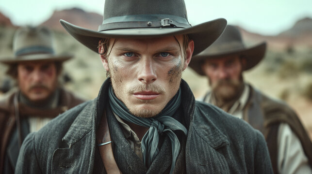 outlaws in a 70s old west movie scene with intense actors