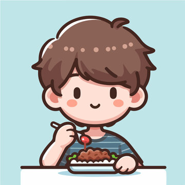 Vector cute guy character eating in a simple cartoon style