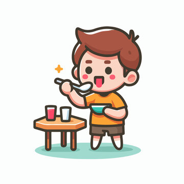 A cute boy character is eating with a simple and minimalist flat design style