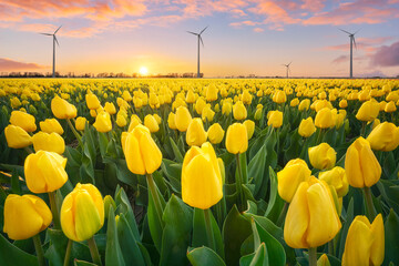 Low angle view on yellow tulips field in flower during springtime with wind turbines in a beautiful sunset in the Netherlands, Agrivoltaic and agriwind low impact energy concepts, Netherlands - Powered by Adobe