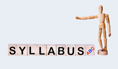 SYLLABUS - word on wooden cubes on a white background with a wooden doll
