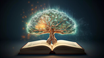 Concept of knowledge, education with open book and human brain - obrazy, fototapety, plakaty