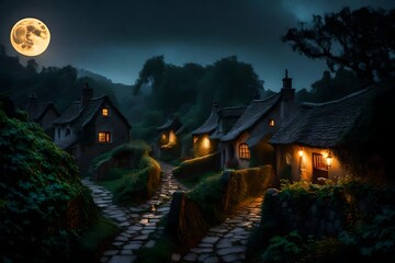 Fototapeta na wymiar a fairytale village, stormy weather, fog, night