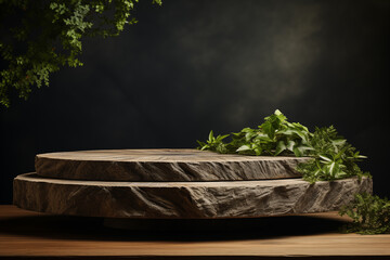 A layered wooden podium crafted with a raw edge, surrounded by an assortment of fresh, vibrant green herbs, set against a moody, shadowed background with diffused light