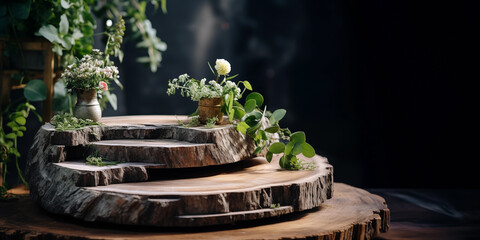 Artfully arranged wooden display stands featuring a collection of potted plants and flowers, creating a natural and rustic presentation against a soft-focused, dark backdrop