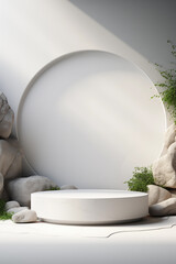 Fototapeta na wymiar White product podium with stones and plants, set against a natural light background. Pedestal for product display