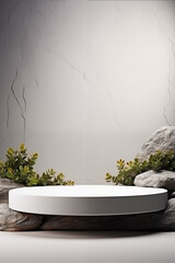 Fototapeta na wymiar White product podium with stones and plants, set against a natural light background. Pedestal for product display