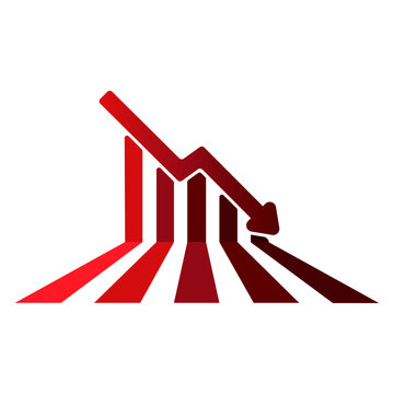 Red arrow going down stock icon on white background. Graph chart downtrend symbol.chart going down sign.