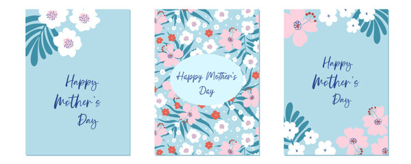 Mother's Day greeting cards. Set of holiday prints with tropical plants. Vector illustrations for covers and posters. Cute design for moms.
