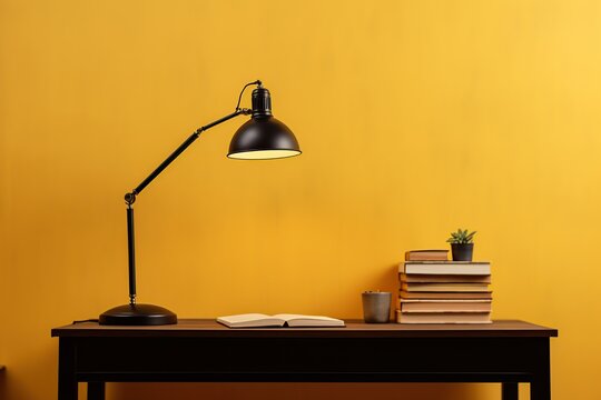 Modern wooden table with desk lamp and books on yellow background