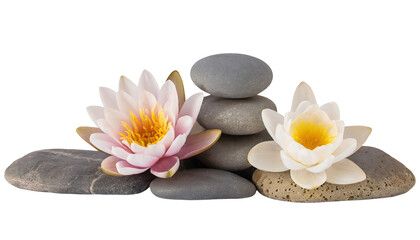 Tranquil spa stones complement lotus blooms - isolated