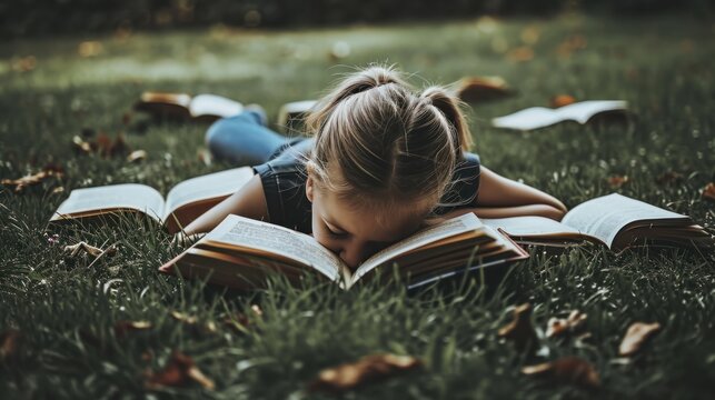 The Girl Became Engrossed In Reading And Fell Asleep In A Green Meadow Next To The Books, World Book Day Event