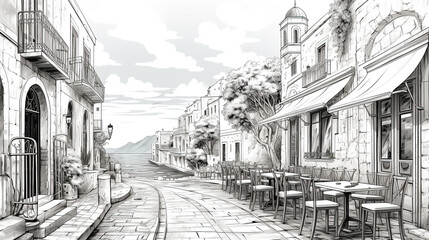 Street cafe with tables and chairs near the sea in some old Mediterranean city. Sketch illustration for coloring book. - obrazy, fototapety, plakaty