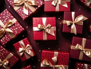 An overhead view of beautifully wrapped Christmas gifts background