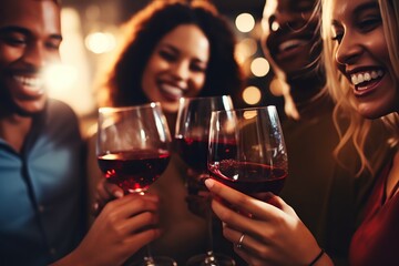 Young friends drinking alcohol and toasting glass of wine in restaurant