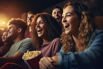 Happy friends watching movie and eating popcorn - obrazy, fototapety, plakaty