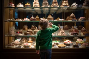Fotobehang Child looking at the window of a bakery full of cakes © Eomer2010