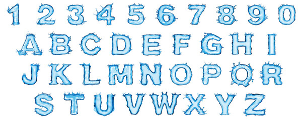 Alphabet water, letters and numbers. 36 characters. All capital latin letters. A sans serif bold font with water splashes. Isolated. Transparent. Alpha channel. - obrazy, fototapety, plakaty