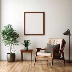 A mid-century modern living room with a brown leather armchair, a wooden table, a potted plant, and a floor lamp