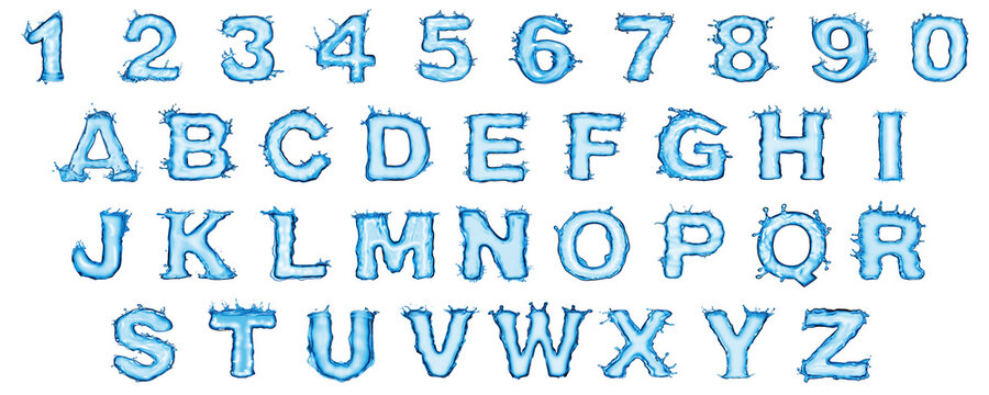 Alphabet water, letters and numbers. 36 characters. All capital latin letters. A sans serif bold font with water splashes. Isolated. Transparent. Alpha channel.
