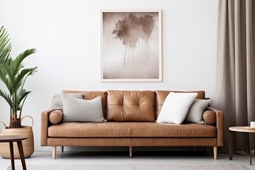 brown leather sofa in a living room with a framed sepia forest landscape picture