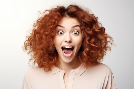 Portrait of young excited woman on white background