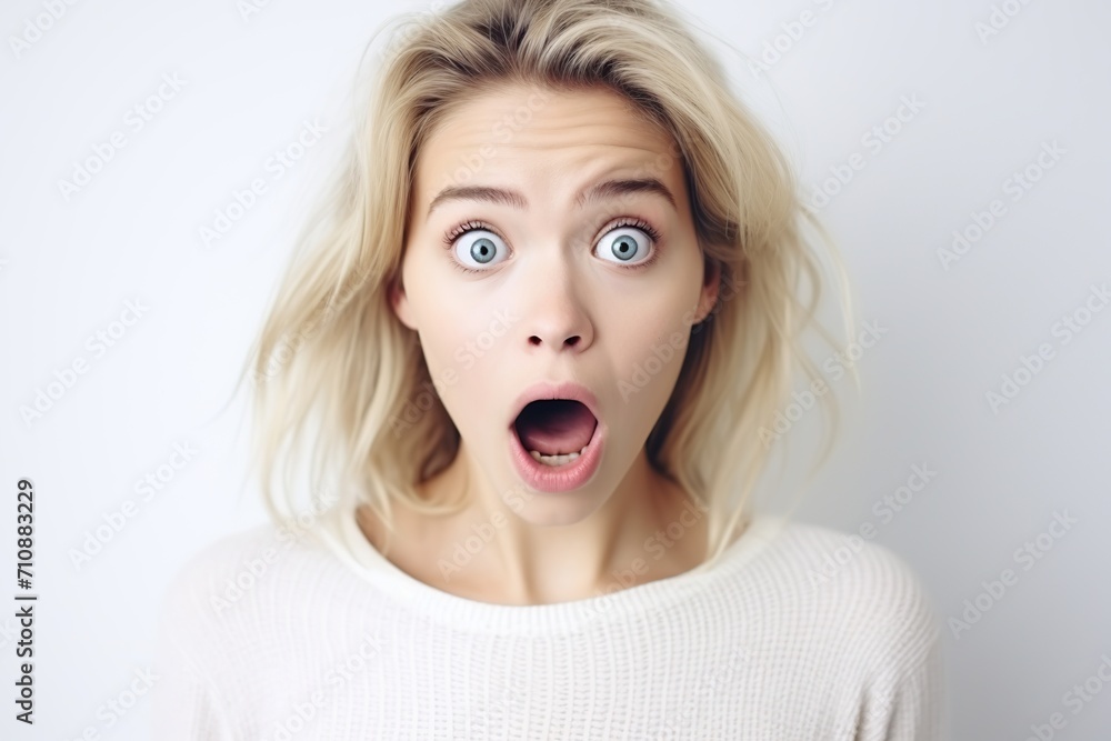 Wall mural portrait of young shocked scared woman on white background - Wall murals