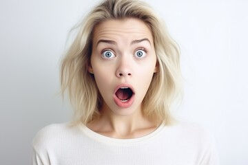 Portrait of young shocked scared woman on white background