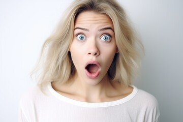 Portrait of young shocked scared woman on white background