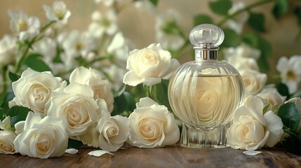 Obraz na płótnie Canvas Arrange the white flowers and roses around the perfume bottle, creating a visually appealing composition. Consider varying heights and angles for a dynamic look.