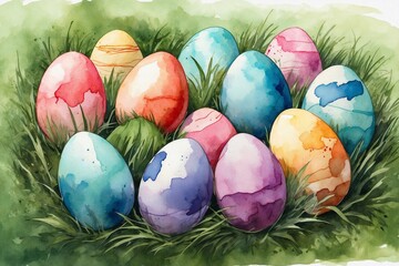 Fototapeta na wymiar watercolor easter eggs in grass, perfect designs for invitations, cards, greetings, and warm congratulations