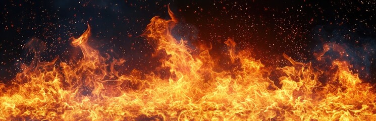 Fototapeta na wymiar Fire flames burning isolated on black background, wide panorama